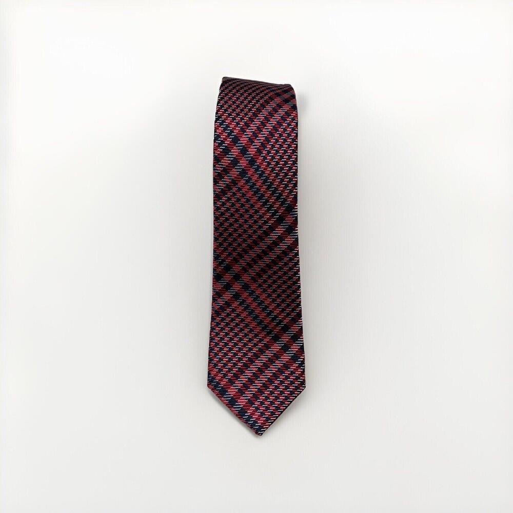 Ben Sherman Men’s Red Blue  Plaid Print Silk Neck Tie